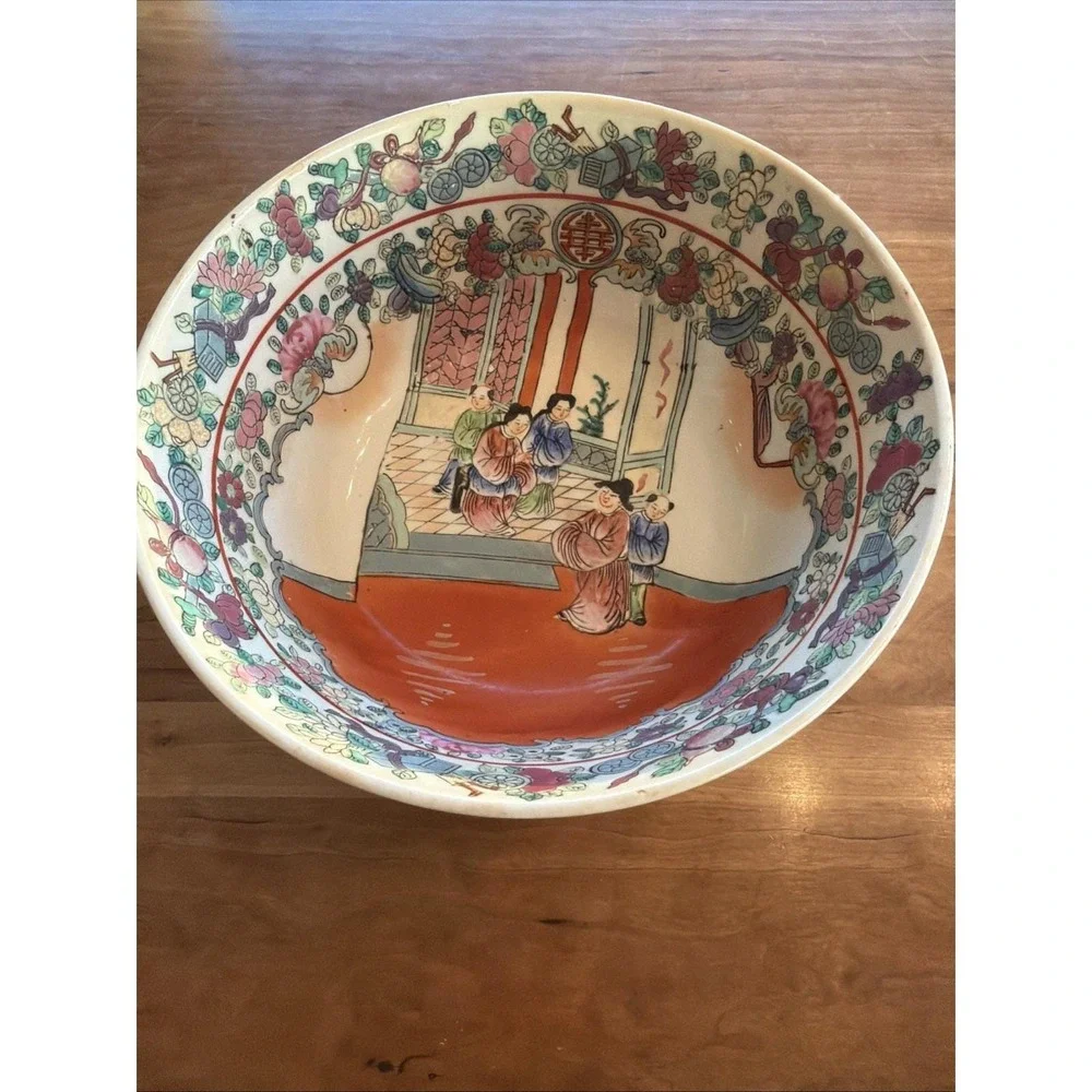 Vintage Chinese Famille Rose Porcelain Serving Bowl w/ Figures & Shou Symbol 10